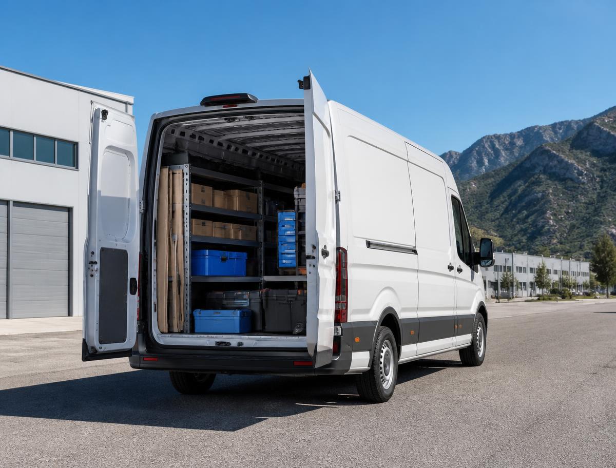 Furgoneta Volkswagen Crafter de Transportes Oliver con mercancía y herramientas en Mallorca